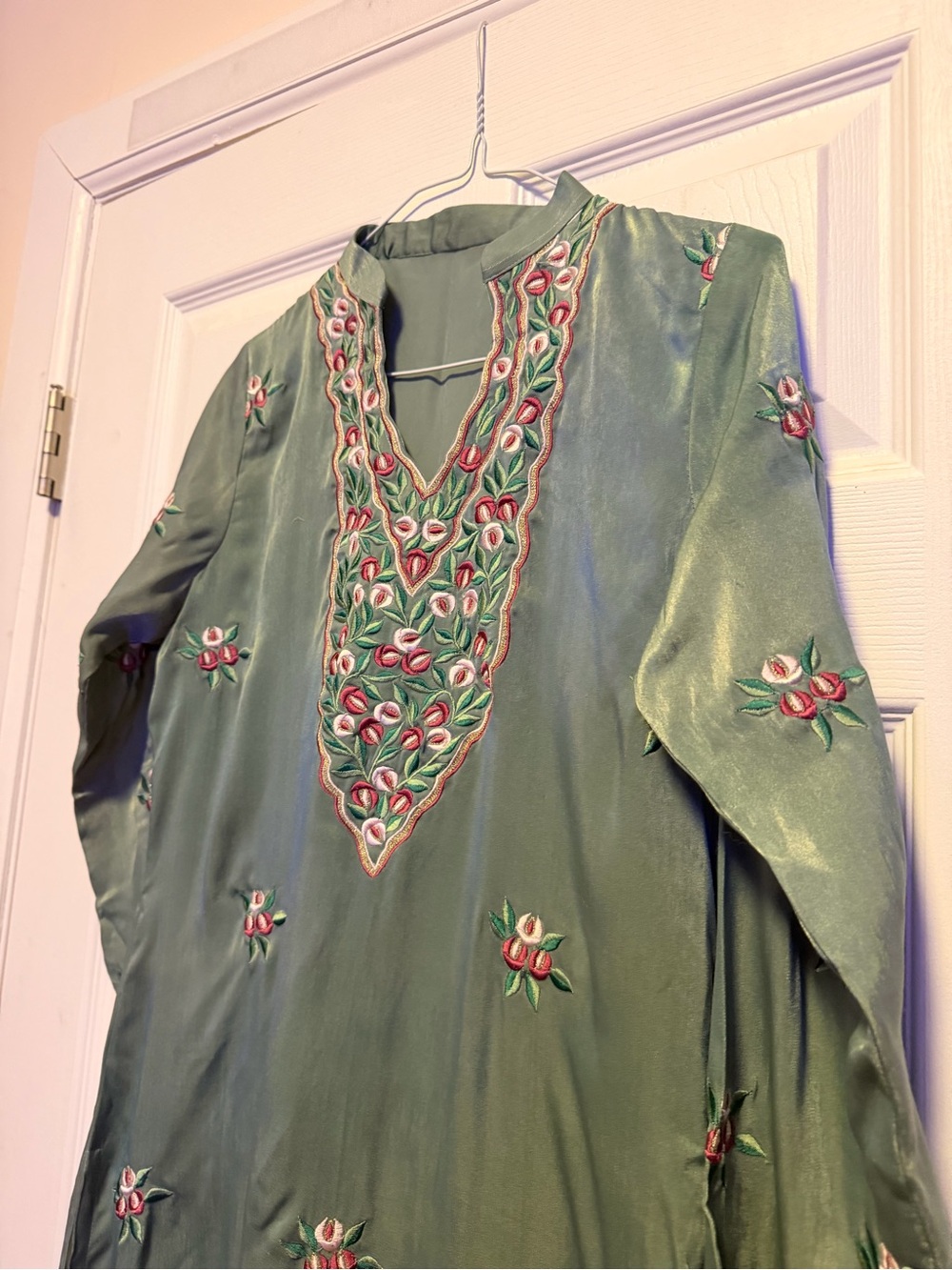 Green Embroidered Tunic Dress with Pink Floral Accents - Picture 3 of 6